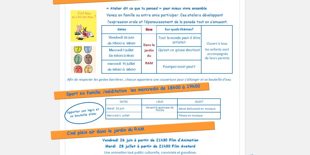 Animations Familles programme de juin à juillet 2020