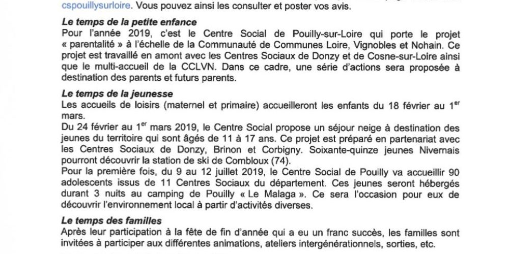 Janvier – Février 2019 : Les temps du Centre Social