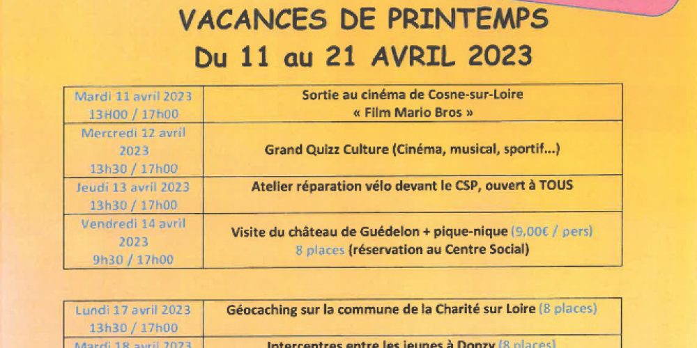 Accueil Jeunes : vacances de printemps du 11 au 21 avril